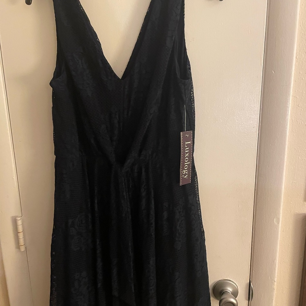 Luxology Elegant Navy Blue Fit And Flare Lace Dress